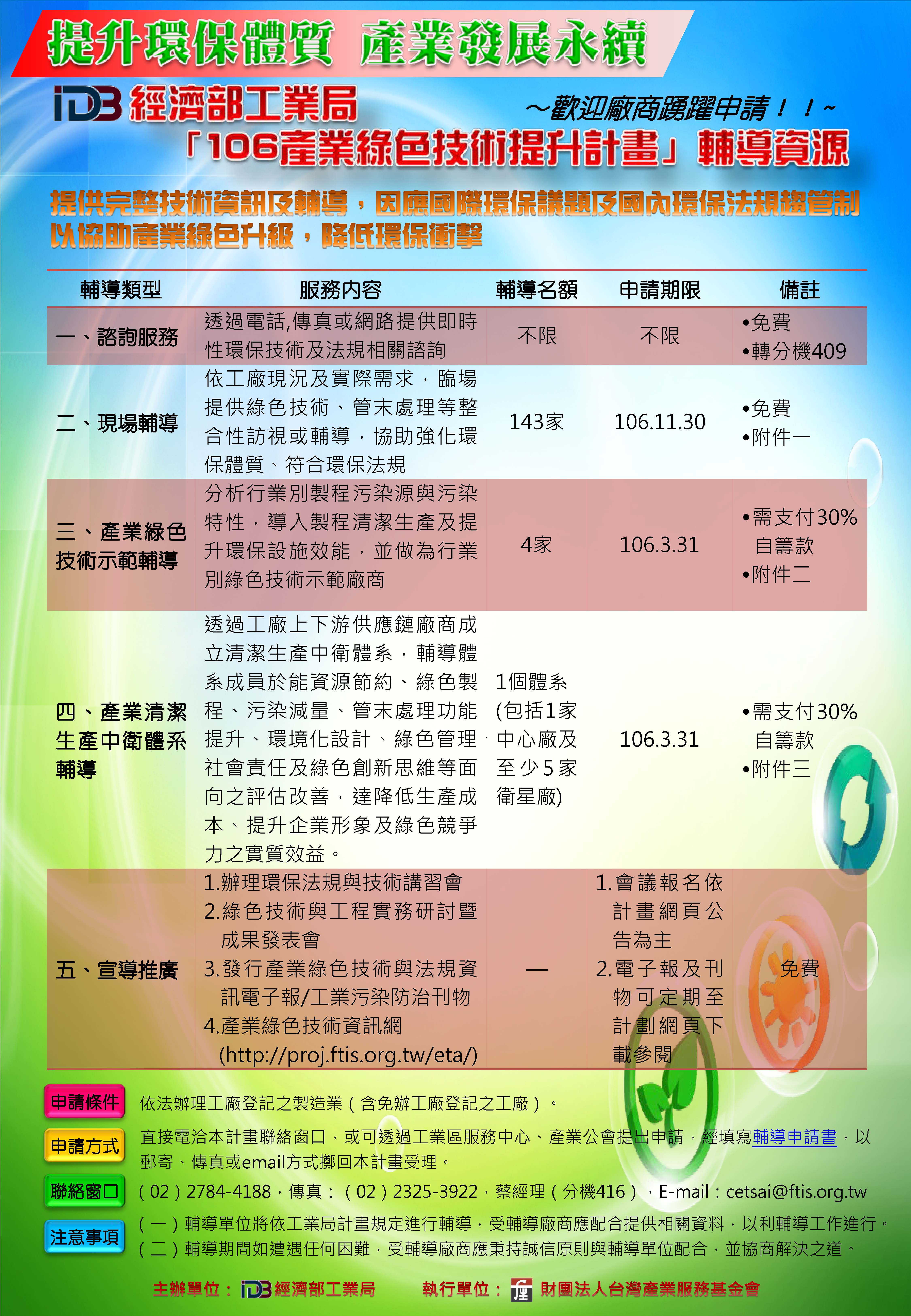 經濟部工業局106年產業綠色技術提升計畫輔導資源 申請期限：即日起至106年11月底止。