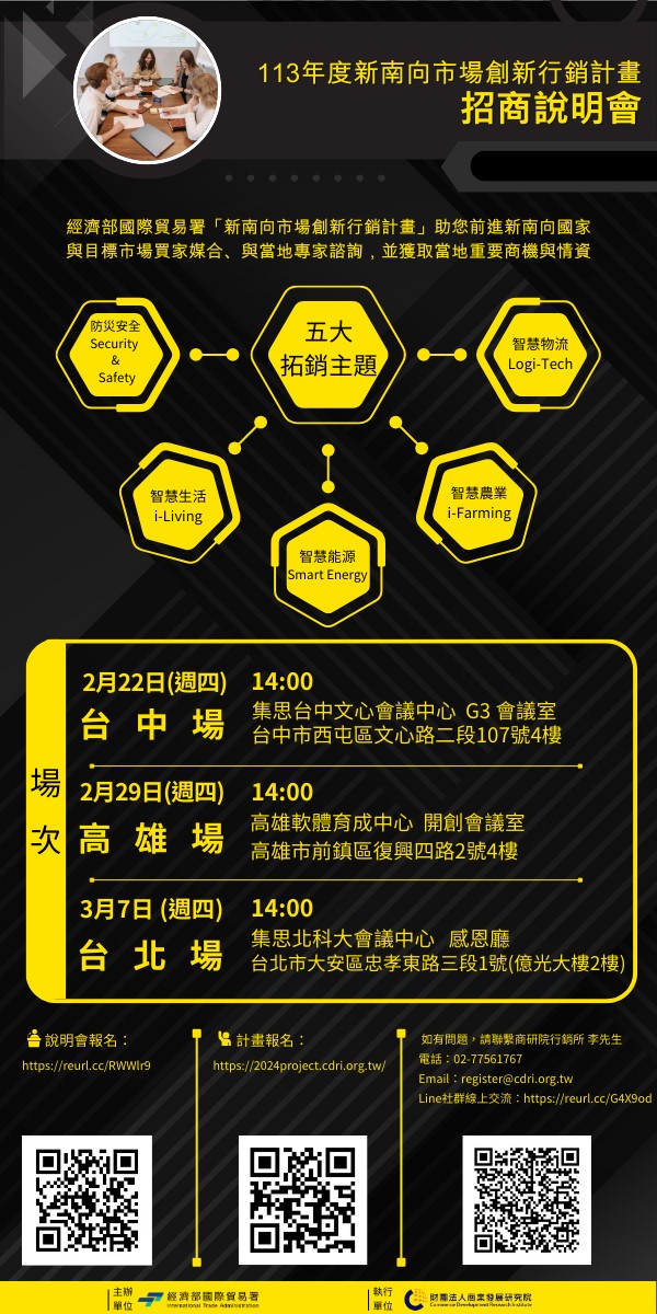 【說明會】經濟部國際貿易署「113年新南向市場創新行銷計畫招商說明會」