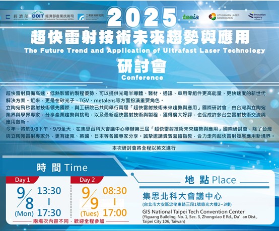 【研討會】工業技術研究院-9/8-9/9 超快雷射技術未來趨勢與應用國際研討會，歡迎報名參加!