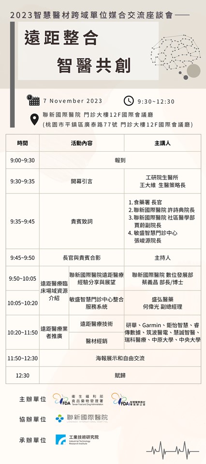 【座談會】食藥署112年11月7日「2023智慧醫材跨域單位媒合交流座談會-遠距整合 智醫共創」